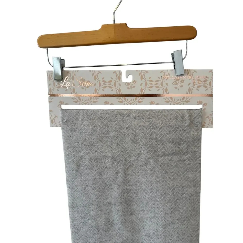 La Seine Fringed Cashmere Scarf Light Gray Herringbone Print